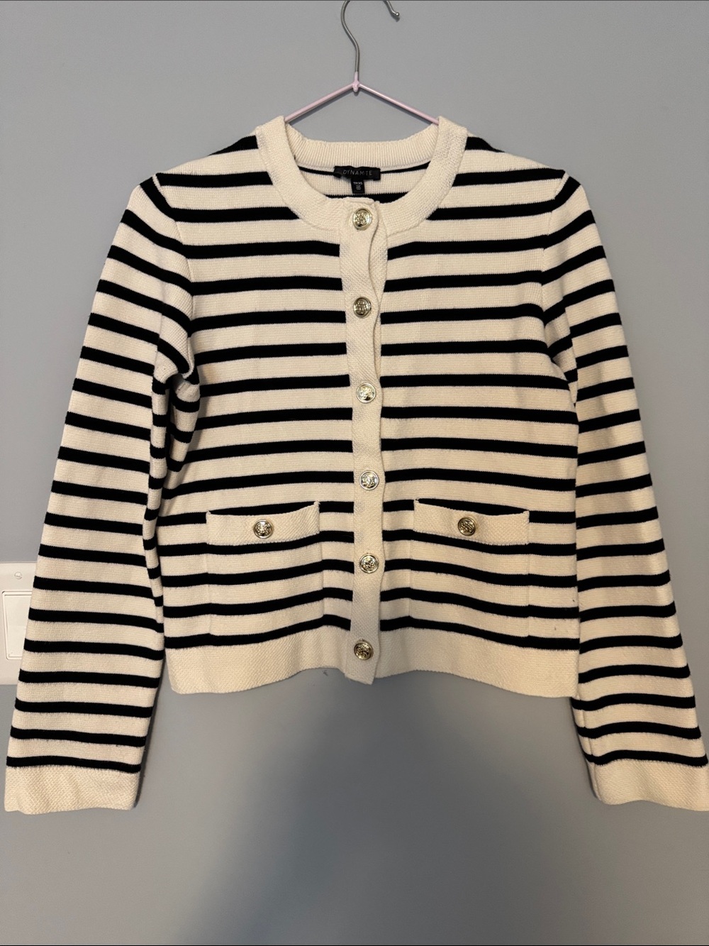 Dynamite Black & Cream Striped Crewneck Cardigan